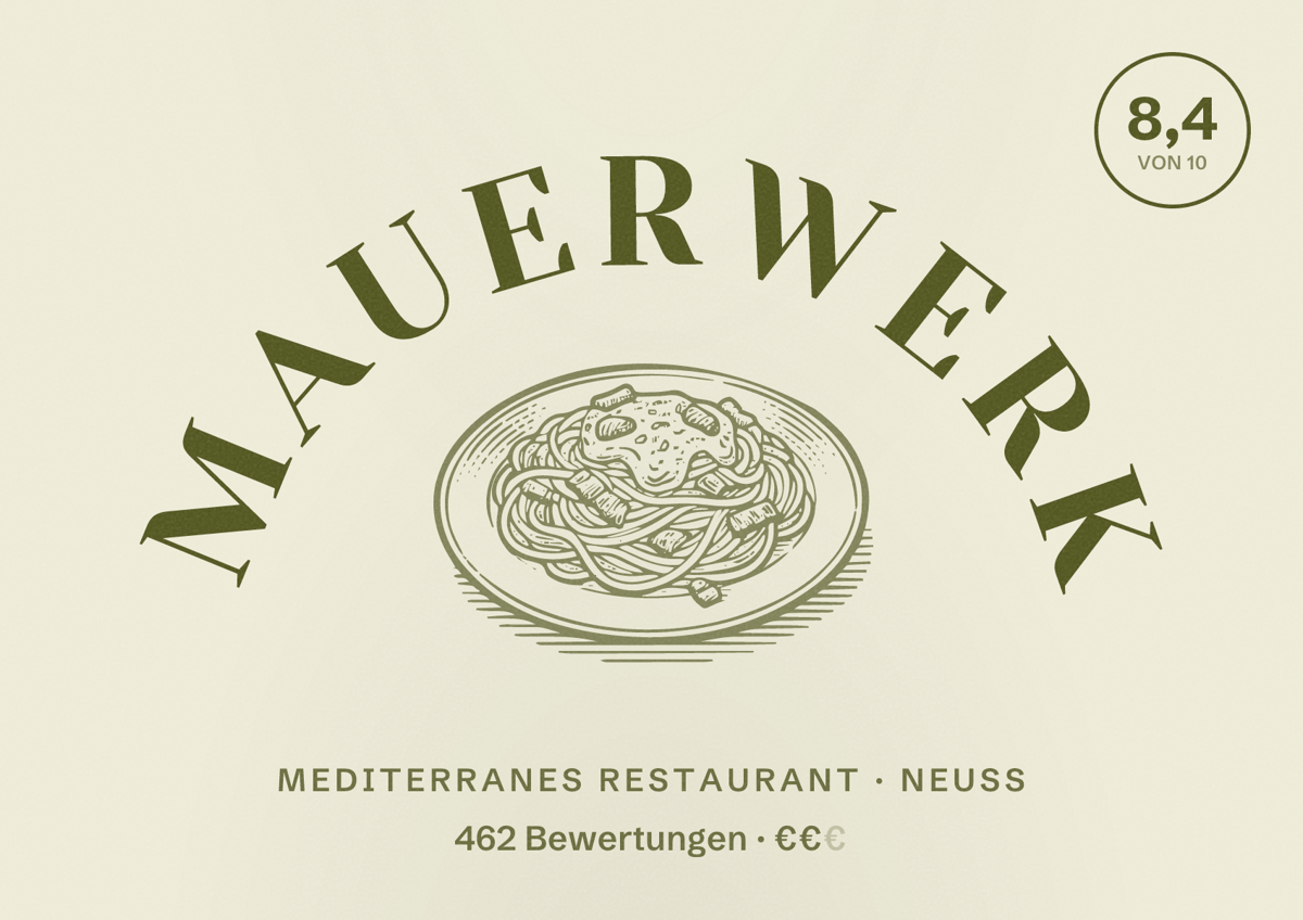 Illustriertes Poster von Mauerwerk, Mediterranes Restaurant in Neuss: Bewertung 8,4 von 10 aus 462 Bewertungen, Preisniveau €€