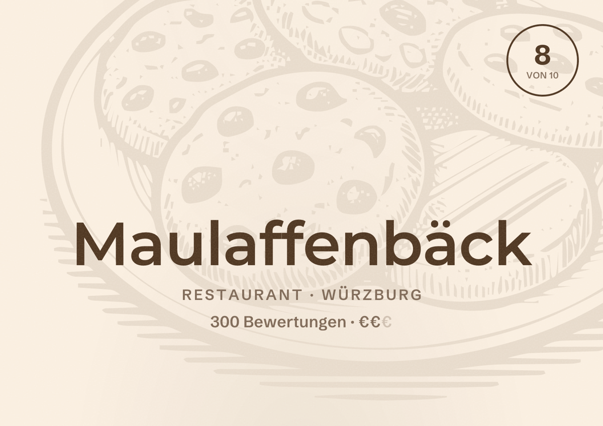Illustriertes Poster von Maulaffenbäck, Restaurant in Würzburg: Bewertung 8 von 10 aus 300 Bewertungen, Preisniveau €€