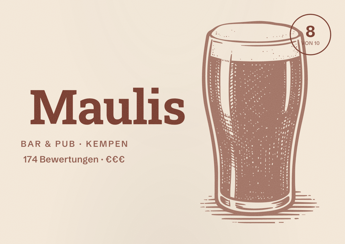 Illustriertes Poster von Maulis, Bar & Pub in Kempen: Bewertung 8 von 10 aus 174 Bewertungen, Preisniveau €€€