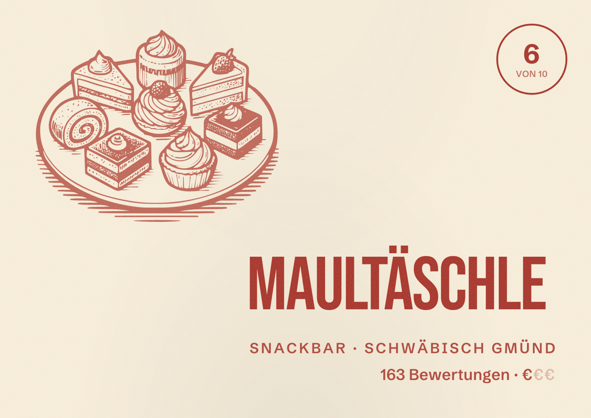 Illustriertes Poster von Maultäschle, Snackbar in Schwäbisch Gmünd: Bewertung 6 von 10 aus 163 Bewertungen, Preisniveau €