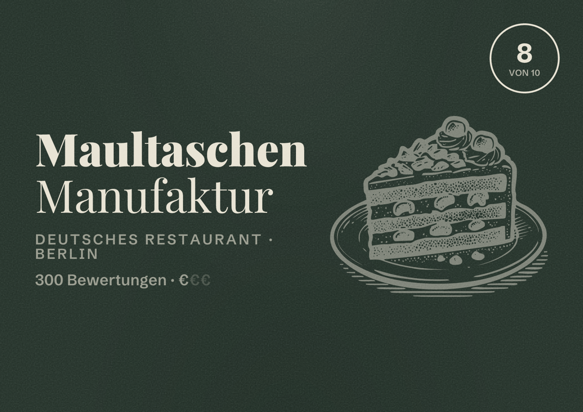 Illustriertes Poster von Maultaschen Manufaktur, Deutsches Restaurant in Berlin: Bewertung 8,0 von 10 aus 300 Bewertungen, Preisniveau €