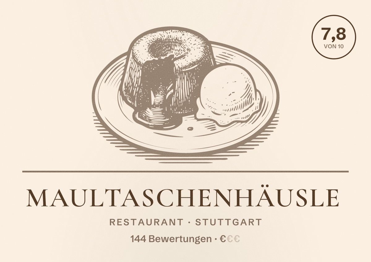 Illustriertes Poster von Maultaschenhäusle, Restaurant in Stuttgart: Bewertung 7,8 von 10 aus 144 Bewertungen, Preisniveau €