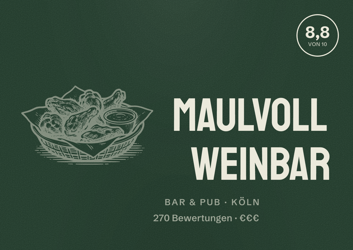 Illustriertes Poster von MAULVOLL Weinbar, Bar & Pub in Köln: Bewertung 8,8 von 10 aus 270 Bewertungen, Preisniveau €€€