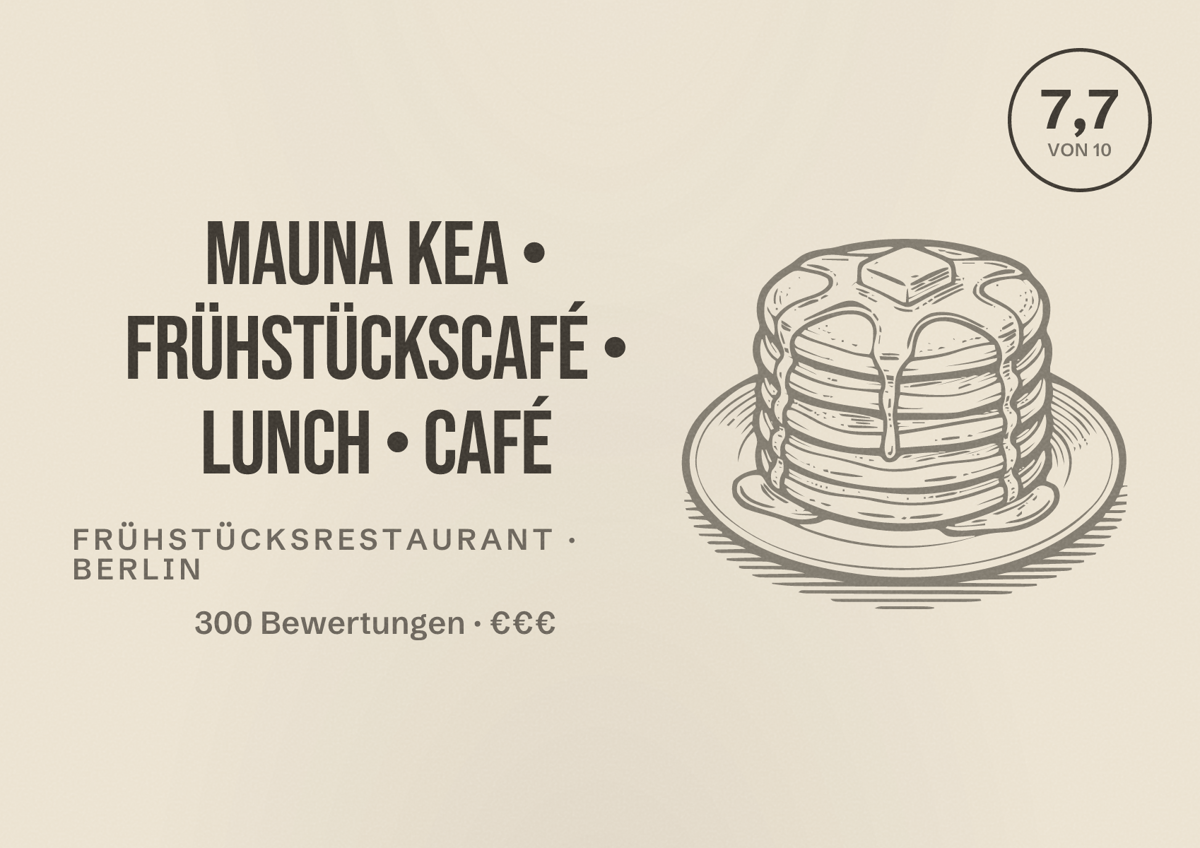 Illustriertes Poster von Mauna Kea • Frühstückscafé • Lunch • Café, Frühstücksrestaurant in Berlin: Bewertung 7,7 von 10 aus 300 Bewertungen, Preisniveau €€€