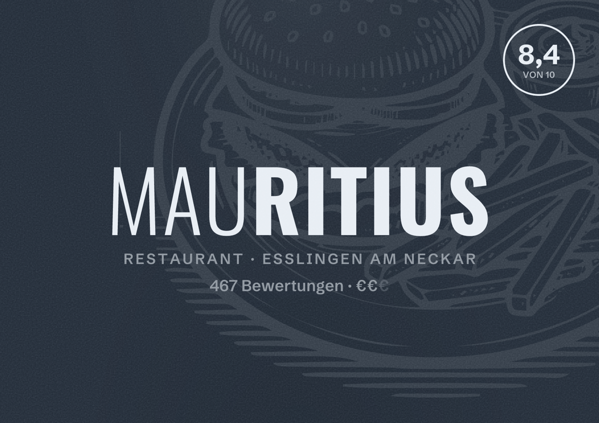 Illustriertes Poster von Mauritius, Restaurant in Esslingen am Neckar: Bewertung 8,4 von 10 aus 467 Bewertungen, Preisniveau €€