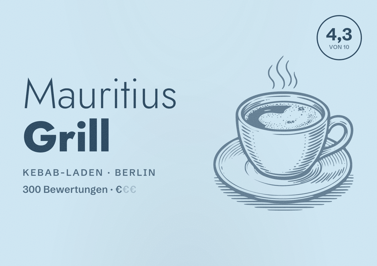 Illustriertes Poster von Mauritius Grill, Kebab-Laden in Berlin: Bewertung 4,3 von 10 aus 300 Bewertungen, Preisniveau €