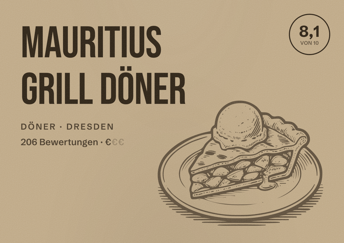 Illustriertes Poster von Mauritius Grill Döner, Döner in Dresden: Bewertung 8,1 von 10 aus 206 Bewertungen, Preisniveau €