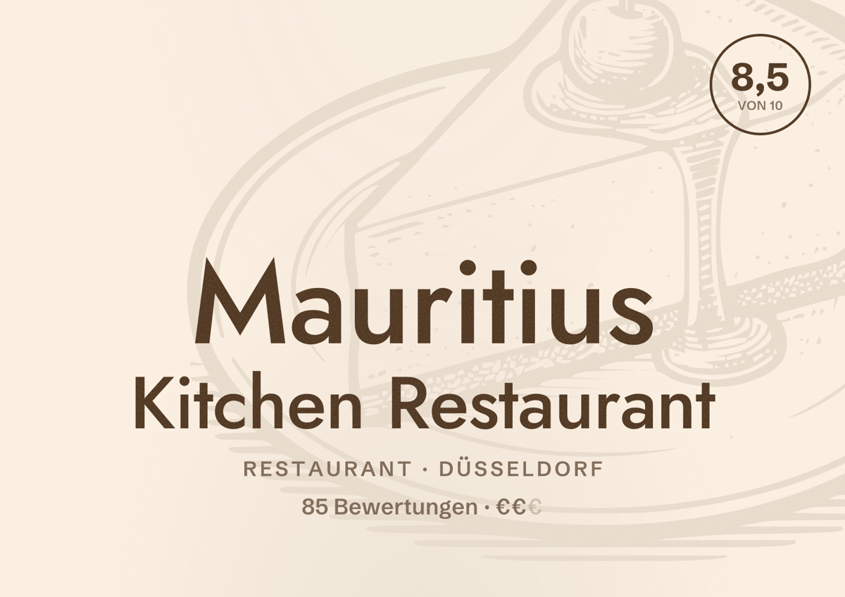 Illustriertes Poster von Mauritius Kitchen Restaurant, Restaurant in Düsseldorf: Bewertung 8,5 von 10 aus 85 Bewertungen, Preisniveau €€