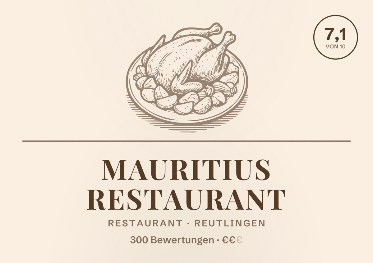Illustriertes Poster von Mauritius Restaurant, Restaurant in Reutlingen: Bewertung 7,1 von 10 aus 300 Bewertungen, Preisniveau €€