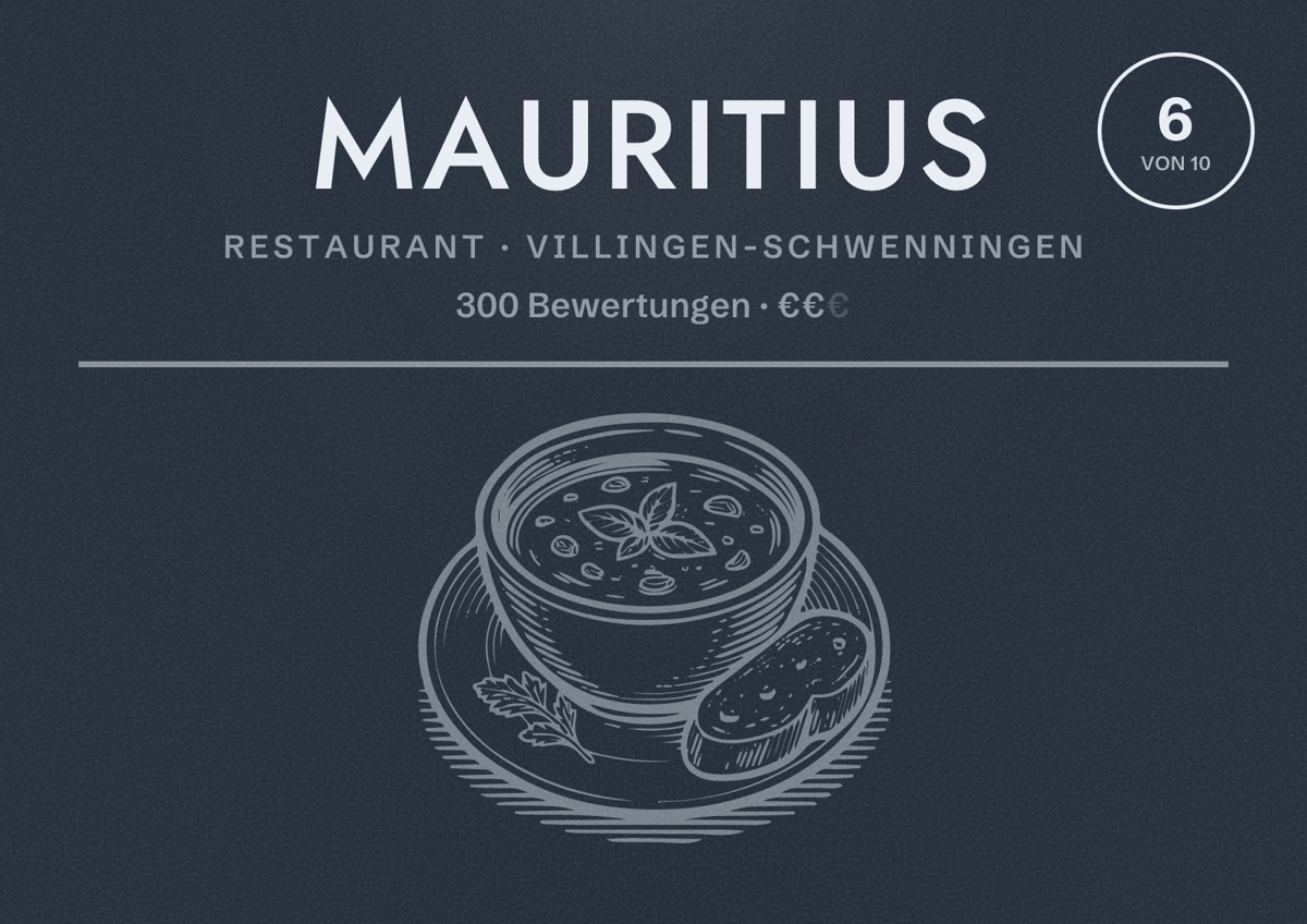 Illustriertes Poster von Mauritius, Restaurant in Villingen-Schwenningen: Bewertung 6 von 10 aus 300 Bewertungen, Preisniveau €€