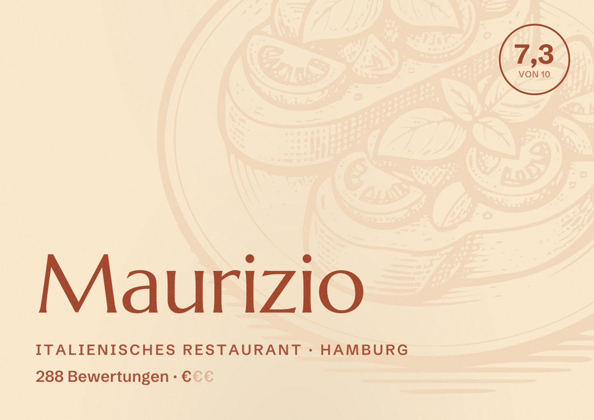 Illustriertes Poster von Maurizio, Italienisches Restaurant in Hamburg: Bewertung 7,3 von 10 aus 288 Bewertungen, Preisniveau €