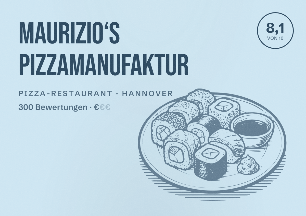 Illustriertes Poster von MAURIZIO‘S PIZZAMANUFAKTUR, Pizza-Restaurant in Hannover: Bewertung 8,1 von 10 aus 300 Bewertungen, Preisniveau €