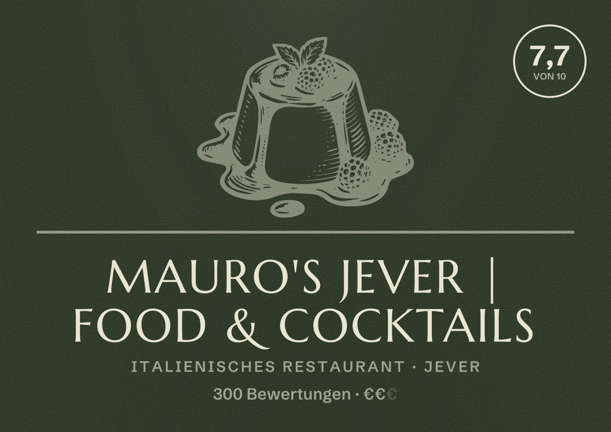 Illustriertes Poster von Mauro's Jever | Food & Cocktails, Italienisches Restaurant in Jever: Bewertung 7,7 von 10 aus 300 Bewertungen, Preisniveau €€
