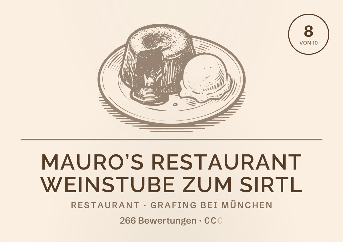 Illustriertes Poster von Mauro’s Restaurant Weinstube zum Sirtl, Restaurant in Grafing bei München: Bewertung 8 von 10 aus 266 Bewertungen, Preisniveau €€