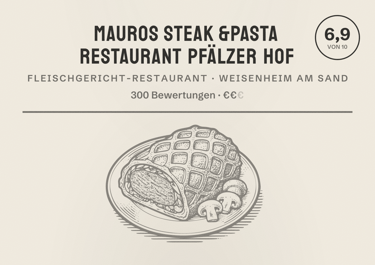 Illustriertes Poster von Mauros Steak &Pasta Restaurant Pfälzer Hof, Fleischgericht-Restaurant in Weisenheim am Sand: Bewertung 6,9 von 10 aus 300 Bewertungen, Preisniveau €€