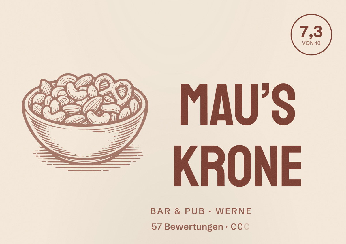 Illustriertes Poster von Mau’s Krone, Bar & Pub in Werne: Bewertung 7,3 von 10 aus 57 Bewertungen, Preisniveau €€