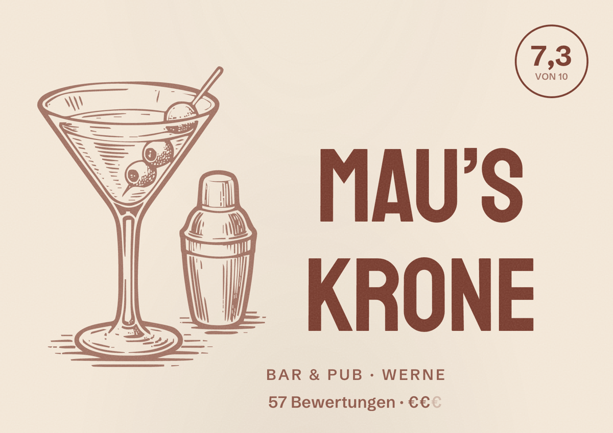 Illustriertes Poster von Mau’s Krone, Bar & Pub in Werne: Bewertung 7,3 von 10 aus 57 Bewertungen, Preisniveau €€