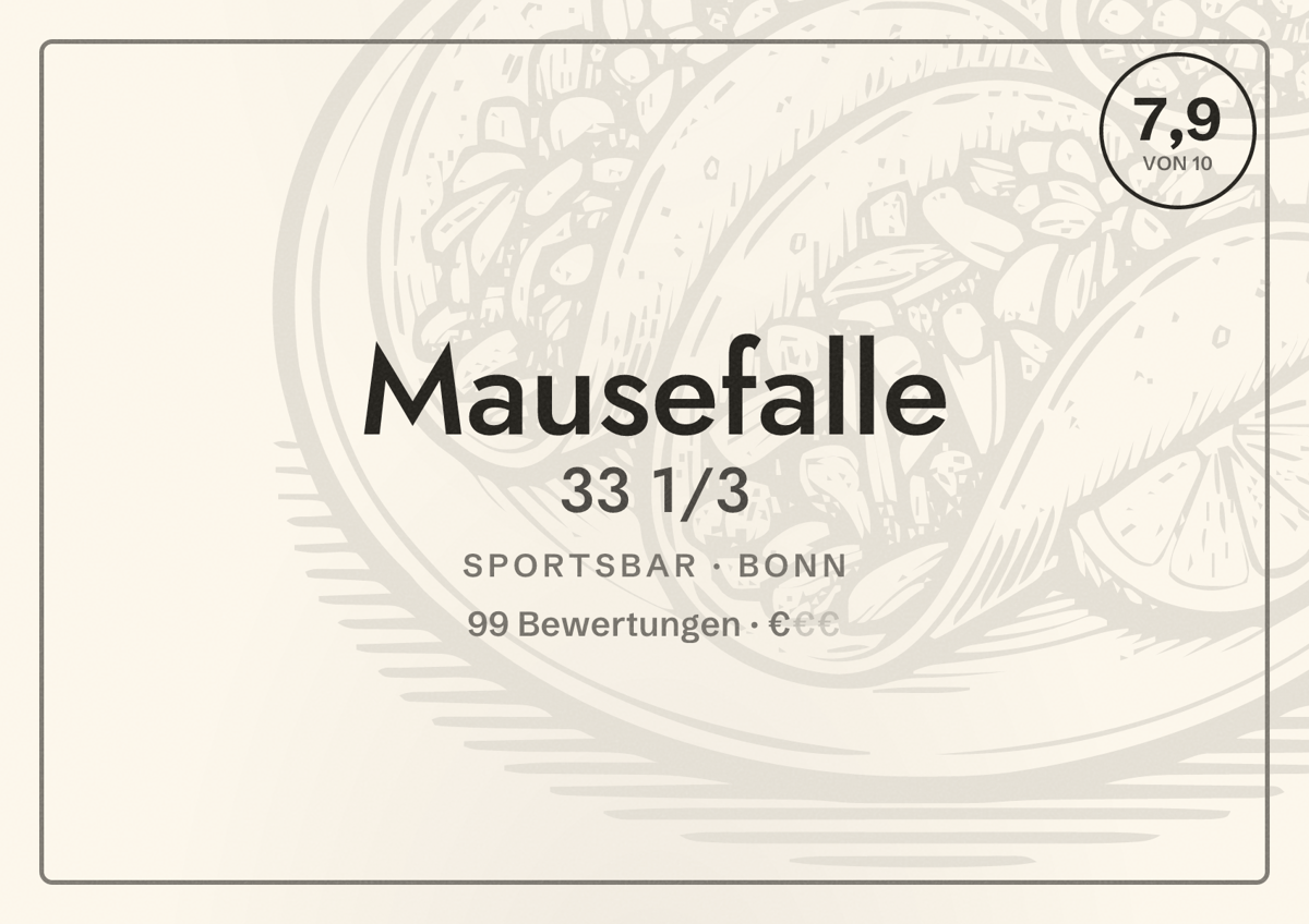 Illustriertes Poster von Mausefalle 33 1/3, Sportsbar in Bonn: Bewertung 7,9 von 10 aus 99 Bewertungen, Preisniveau €