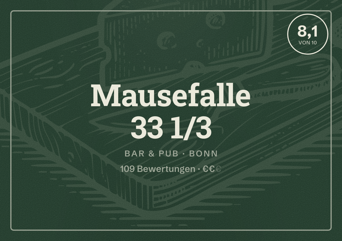 Illustriertes Poster von Mausefalle 33 1/3, Bar & Pub in Bonn: Bewertung 8,1 von 10 aus 109 Bewertungen, Preisniveau €€