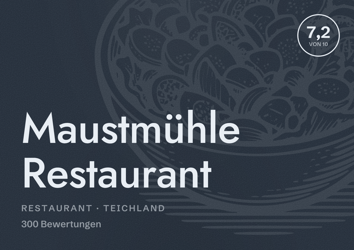 Illustriertes Poster von Maustmühle Restaurant, Restaurant in Teichland: Bewertung 7,2 von 10 aus 300 Bewertungen