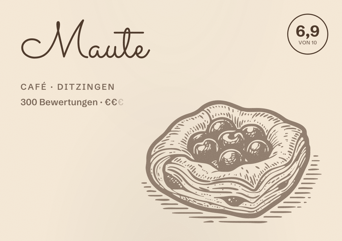 Illustriertes Poster von Maute, Café in Ditzingen: Bewertung 6,9 von 10 aus 300 Bewertungen, Preisniveau €€