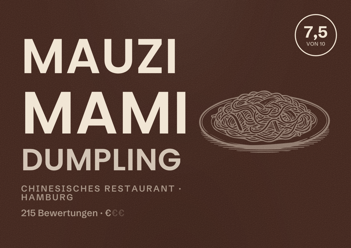 Illustriertes Poster von Mauzi Mami Dumpling, Chinesisches Restaurant in Hamburg: Bewertung 7,5 von 10 aus 215 Bewertungen, Preisniveau €