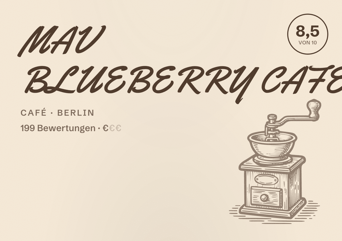Illustriertes Poster von MAV BLUEBERRY CAFE, Café in Berlin: Bewertung 8,5 von 10 aus 199 Bewertungen, Preisniveau €