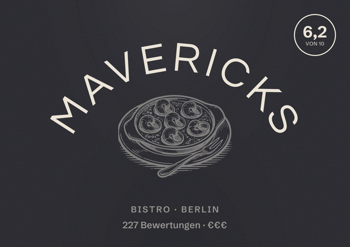 Illustriertes Poster von Mavericks, Bistro in Berlin: Bewertung 6,2 von 10 aus 227 Bewertungen, Preisniveau €€€