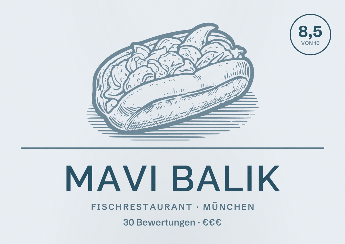 Illustriertes Poster von Mavi Balik, Fischrestaurant in München: Bewertung 8,5 von 10 aus 30 Bewertungen, Preisniveau €€€