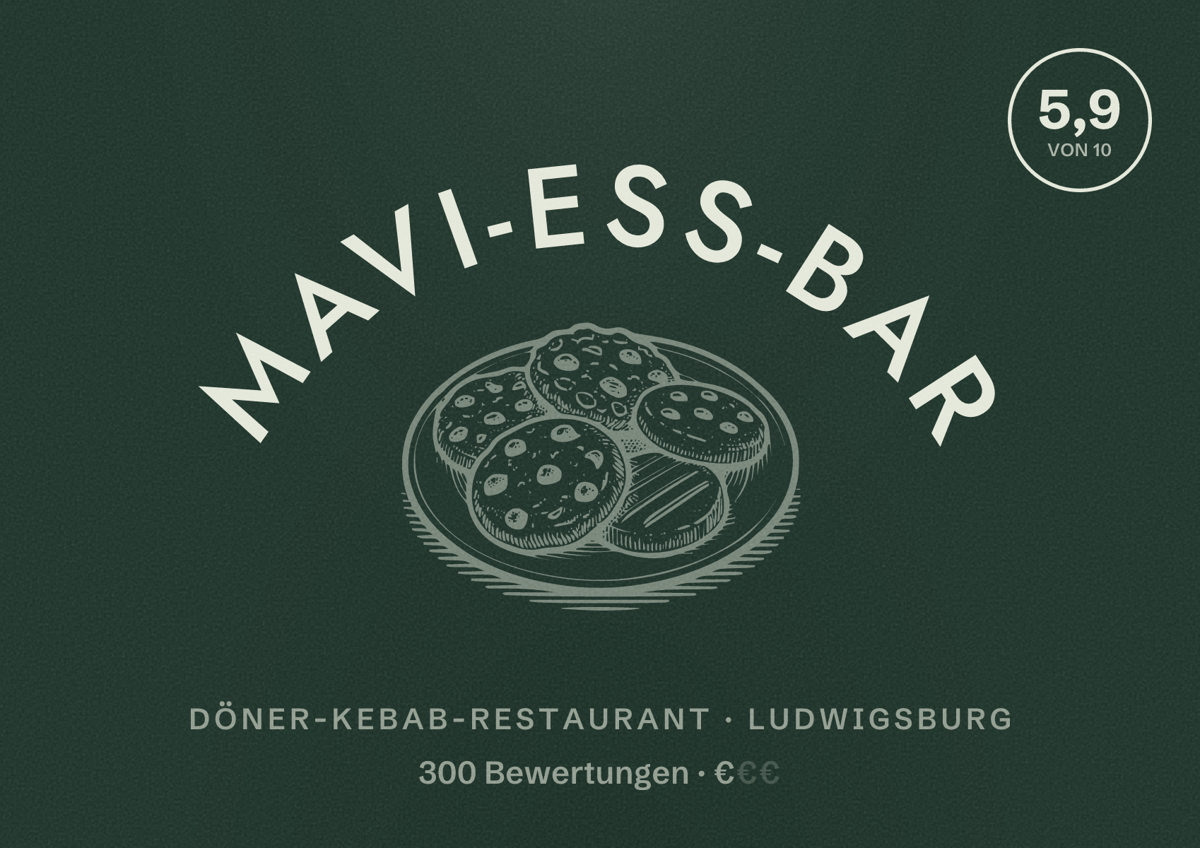 Illustriertes Poster von Mavi-Ess-Bar, Döner-Kebab-Restaurant in Ludwigsburg: Bewertung 5,9 von 10 aus 300 Bewertungen, Preisniveau €