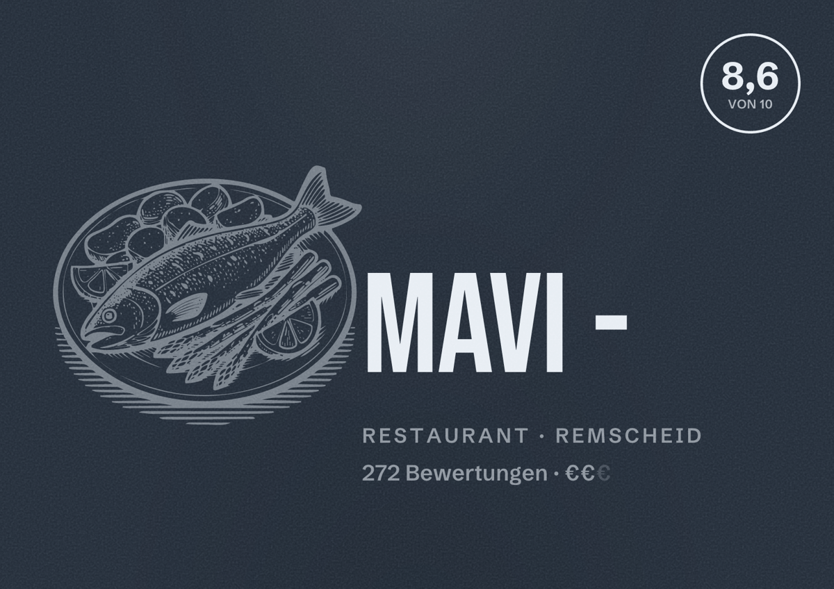 Illustriertes Poster von Mavi -, Restaurant in Remscheid: Bewertung 8,6 von 10 aus 272 Bewertungen, Preisniveau €€