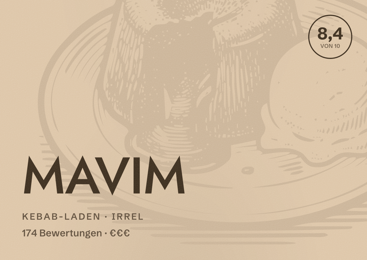 Illustriertes Poster von MAVIM, Kebab-Laden in Irrel: Bewertung 8,4 von 10 aus 174 Bewertungen, Preisniveau €€€