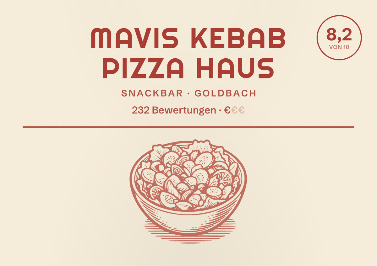 Illustriertes Poster von Mavis Kebab Pizza Haus, Snackbar in Goldbach: Bewertung 8,2 von 10 aus 232 Bewertungen, Preisniveau €