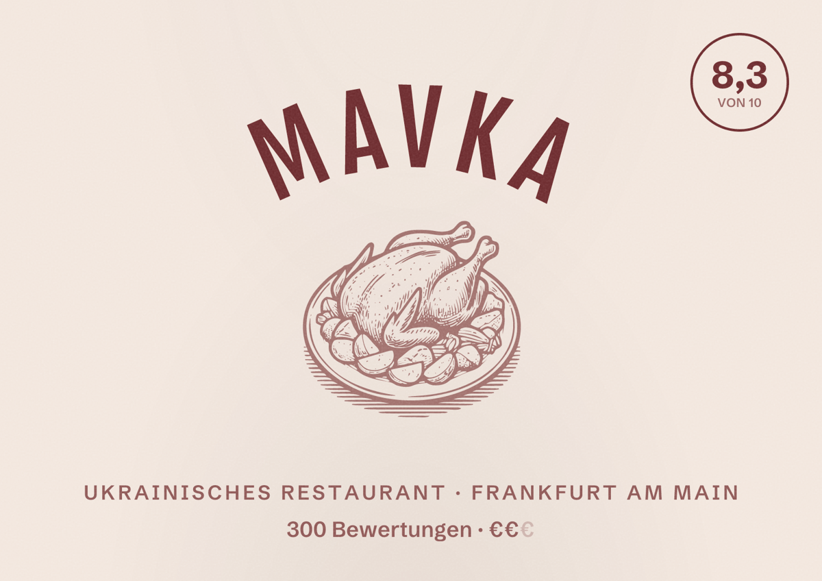 Illustriertes Poster von Mavka, Ukrainisches Restaurant in Frankfurt am Main: Bewertung 8,3 von 10 aus 300 Bewertungen, Preisniveau €€