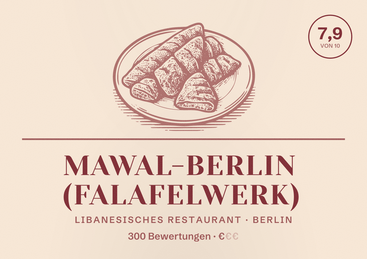 Illustriertes Poster von Mawal-Berlin (Falafelwerk), Libanesisches Restaurant in Berlin: Bewertung 7,9 von 10 aus 300 Bewertungen, Preisniveau €