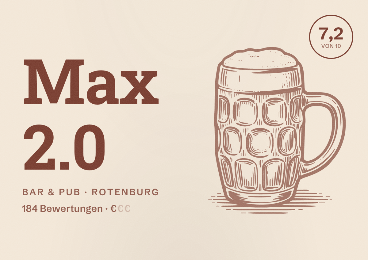 Illustriertes Poster von Max 2.0, Bar & Pub in Rotenburg: Bewertung 7,2 von 10 aus 184 Bewertungen, Preisniveau €