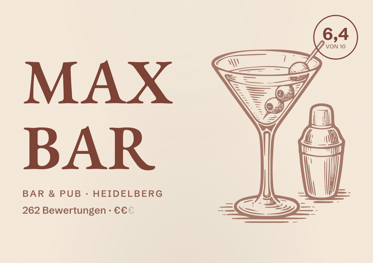 Illustriertes Poster von Max Bar, Bar & Pub in Heidelberg: Gästebewertung 6,4 von 10 aus 262 Bewertungen