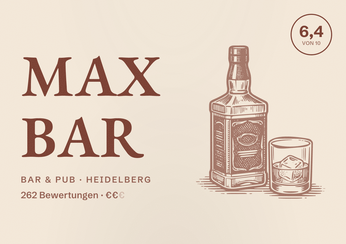 Illustriertes Poster von Max Bar, Bar & Pub in Heidelberg: Bewertung 6,4 von 10 aus 262 Bewertungen, Preisniveau €€