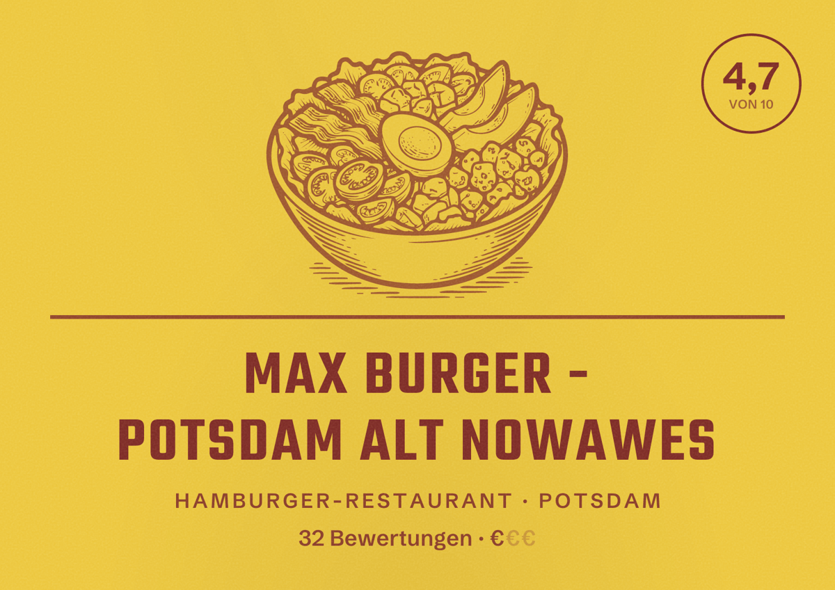 Illustriertes Poster von Max Burger - Potsdam Alt Nowawes, Hamburger-Restaurant in Potsdam: Bewertung 4,7 von 10 aus 32 Bewertungen, Preisniveau €