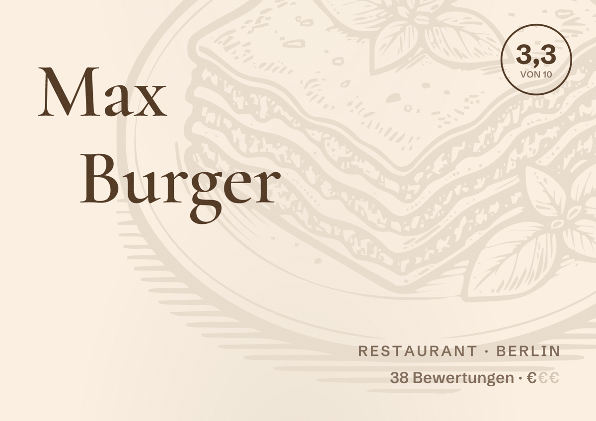 Illustriertes Poster von Max Burger, Restaurant in Berlin: Bewertung 3,3 von 10 aus 38 Bewertungen, Preisniveau €