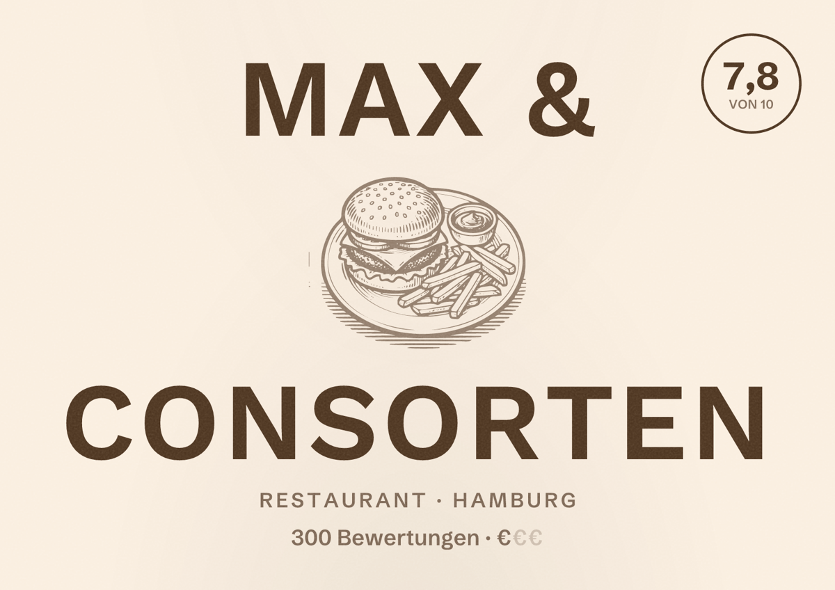 Illustriertes Poster von Max & Consorten, Restaurant in Hamburg: Bewertung 7,8 von 10 aus 300 Bewertungen, Preisniveau €