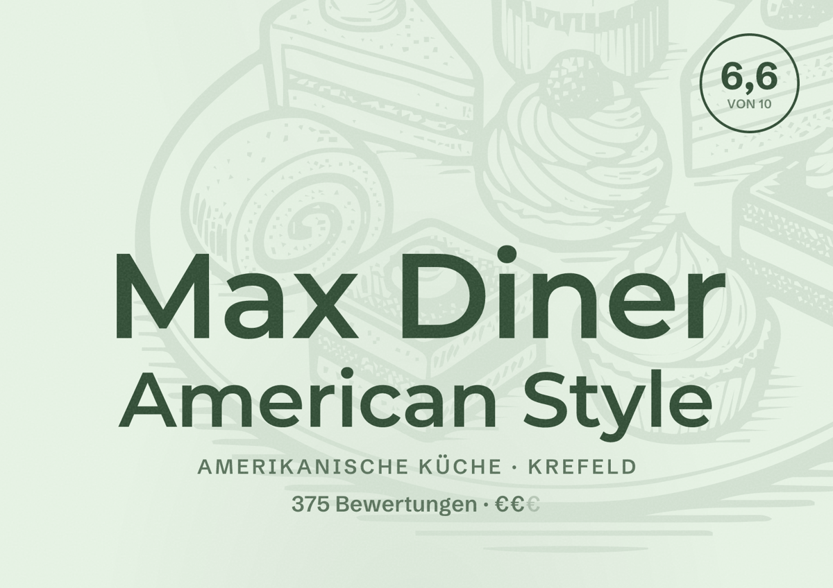 Illustriertes Poster von Max Diner American Style, Amerikanische Küche in Krefeld: Bewertung 6,6 von 10 aus 375 Bewertungen, Preisniveau €€