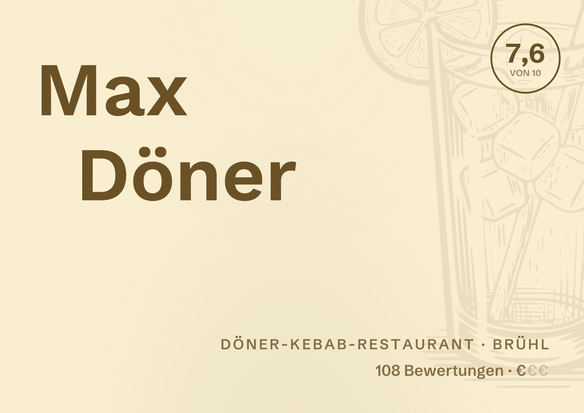 Illustriertes Poster von Max Döner, Döner-Kebab-Restaurant in Brühl: Bewertung 7,6 von 10 aus 108 Bewertungen, Preisniveau €
