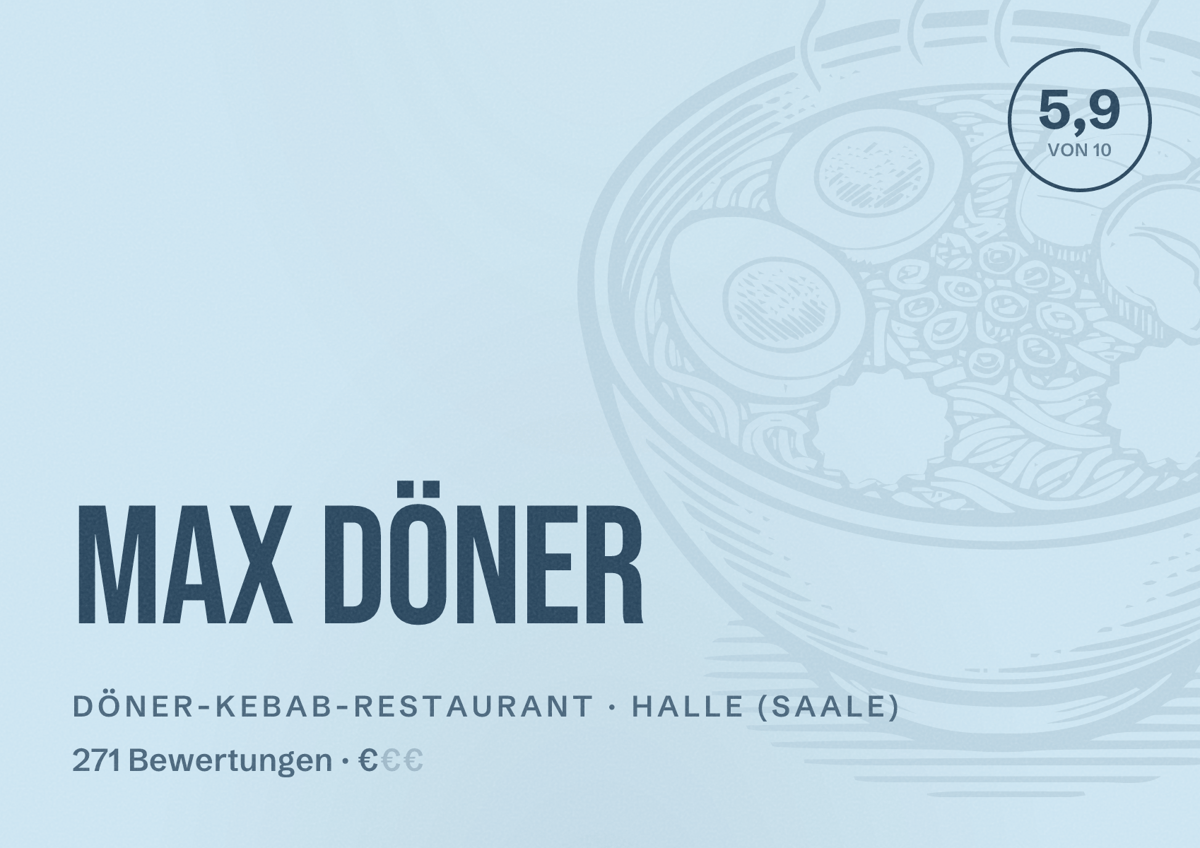 Illustriertes Poster von Max Döner, Döner-Kebab-Restaurant in Halle (Saale): Bewertung 5,9 von 10 aus 271 Bewertungen, Preisniveau €