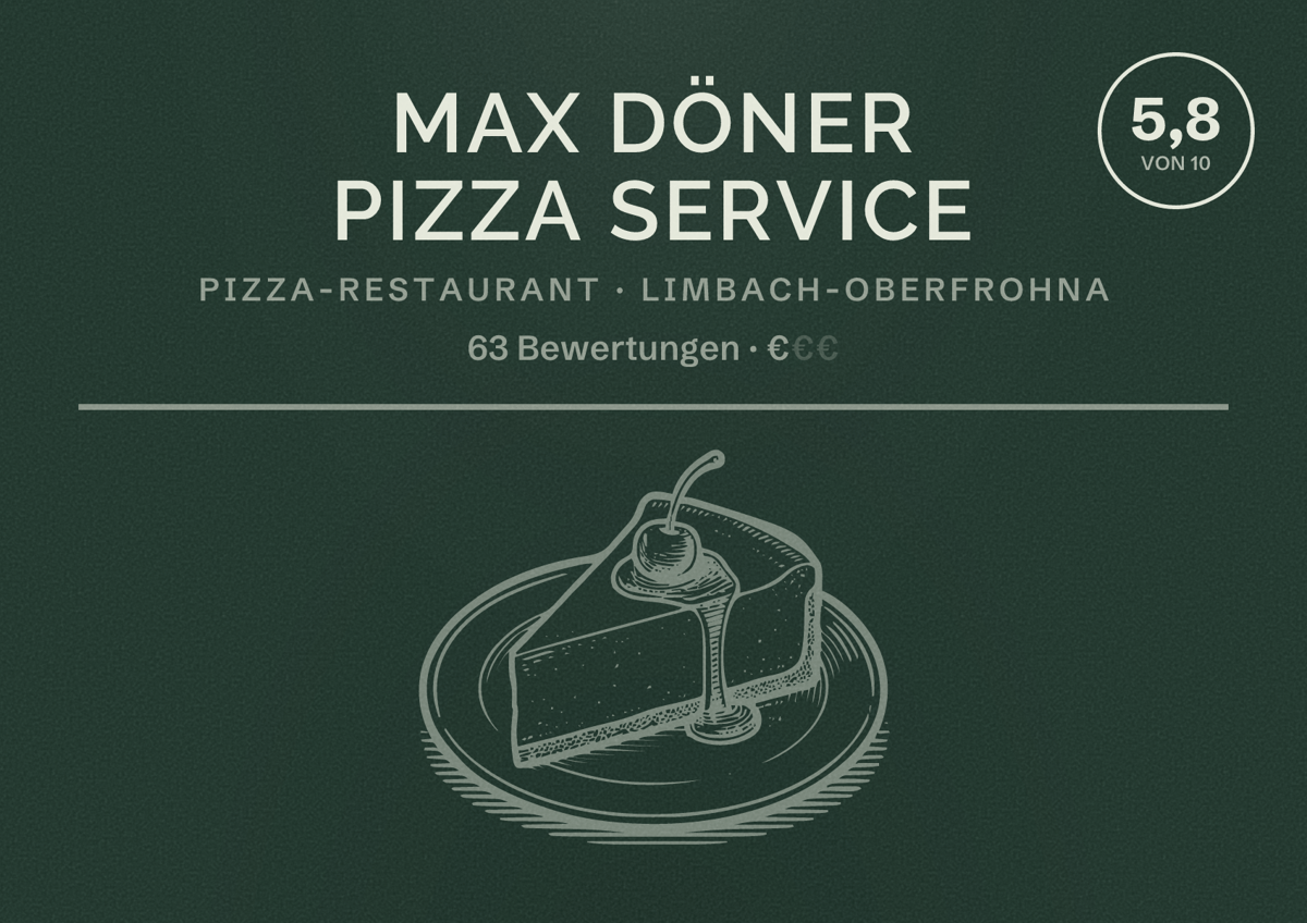 Illustriertes Poster von Max Döner Pizza Service, Pizza-Restaurant in Limbach-Oberfrohna: Bewertung 5,8 von 10 aus 63 Bewertungen, Preisniveau €