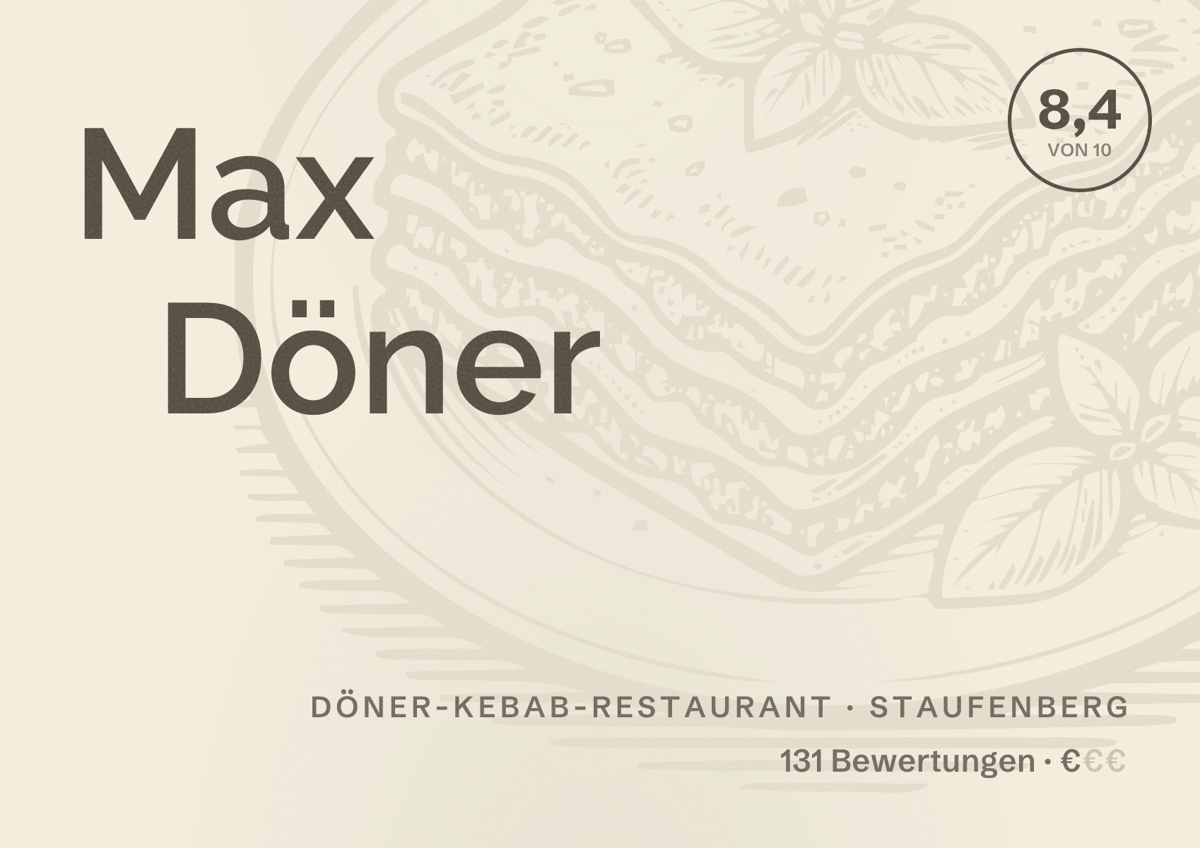 Illustriertes Poster von Max Döner, Döner-Kebab-Restaurant in Staufenberg: Bewertung 8,4 von 10 aus 131 Bewertungen, Preisniveau €