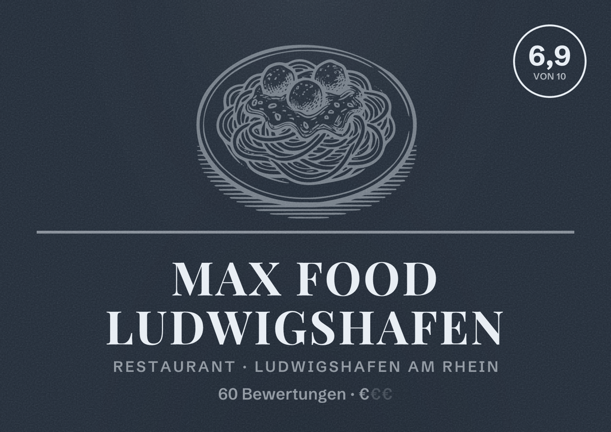 Illustriertes Poster von Max Food Ludwigshafen, Restaurant in Ludwigshafen am Rhein: Bewertung 6,9 von 10 aus 60 Bewertungen, Preisniveau €