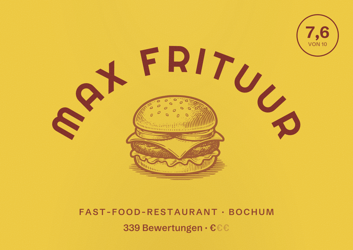 Illustriertes Poster von max Frituur, Fast-Food-Restaurant in Bochum: Bewertung 7,6 von 10 aus 339 Bewertungen, Preisniveau €