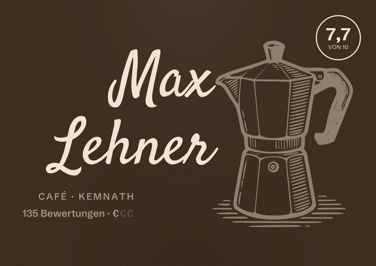 Illustriertes Poster von Max Lehner, Café in Kemnath: Bewertung 7,7 von 10 aus 135 Bewertungen, Preisniveau €