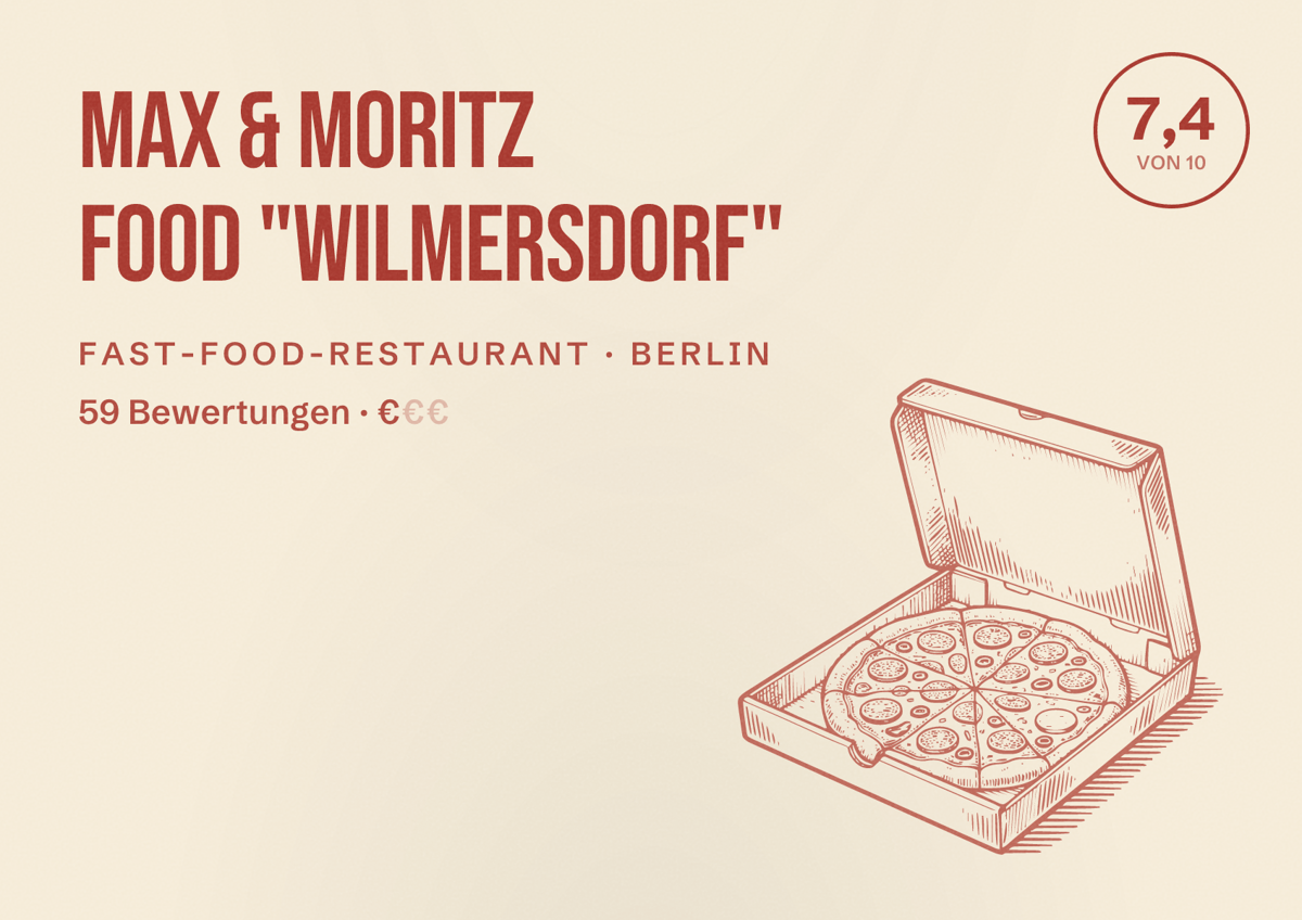Illustriertes Poster von Max & Moritz Food "Wilmersdorf", Fast-Food-Restaurant in Berlin: Bewertung 7,4 von 10 aus 59 Bewertungen, Preisniveau €